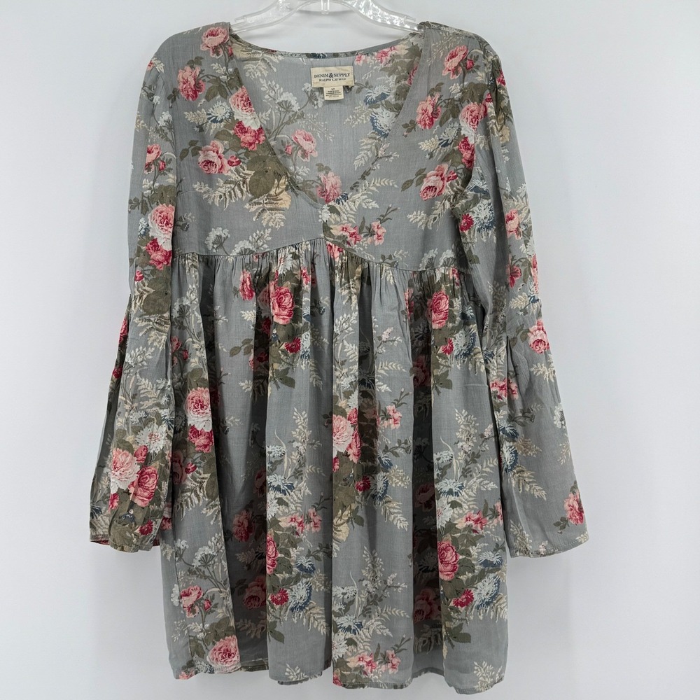 Denim‎ & Supply Ralph Lauren Floral Babydoll Tunic Dress Grey Pink Bell Sleeve S